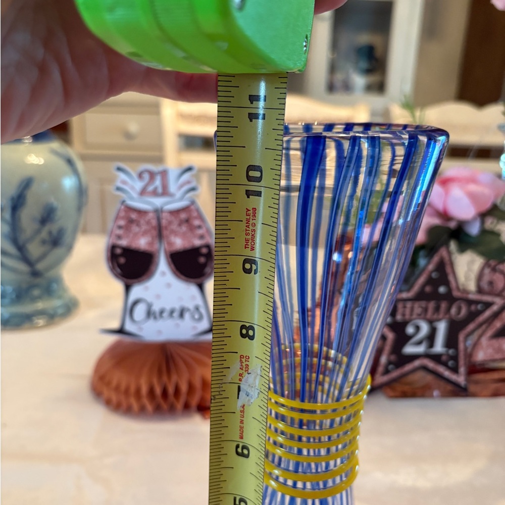 Striped Hand-Blown Glass Vase Blue, White & Yellow - Picture 7 of 8